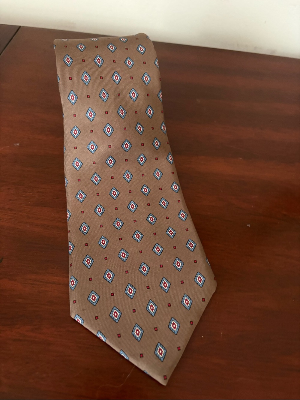Christian Dior Monsieur Men’s Tie 100% Silk Made In USA Brown Red Blue Geometric